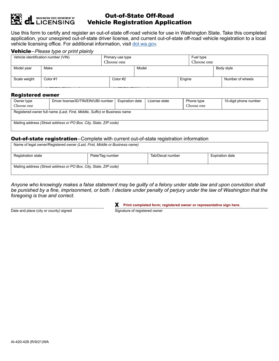 Form AI-420-428 Out-of-State off-Road Vehicle Registration Application - Washington, Page 1