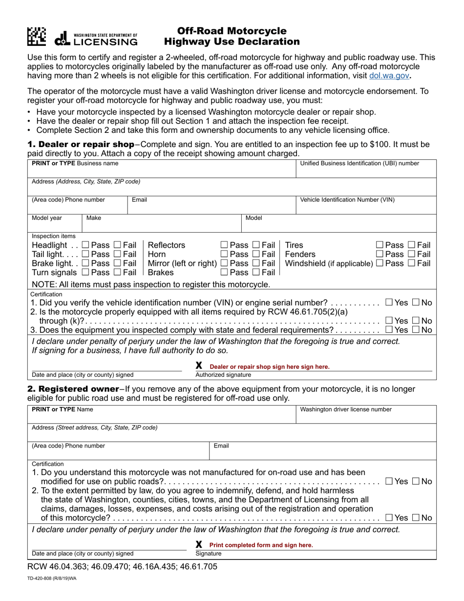 Form TD-420-808 Off-Road Motorcycle Highway Use Declaration - Washington, Page 1