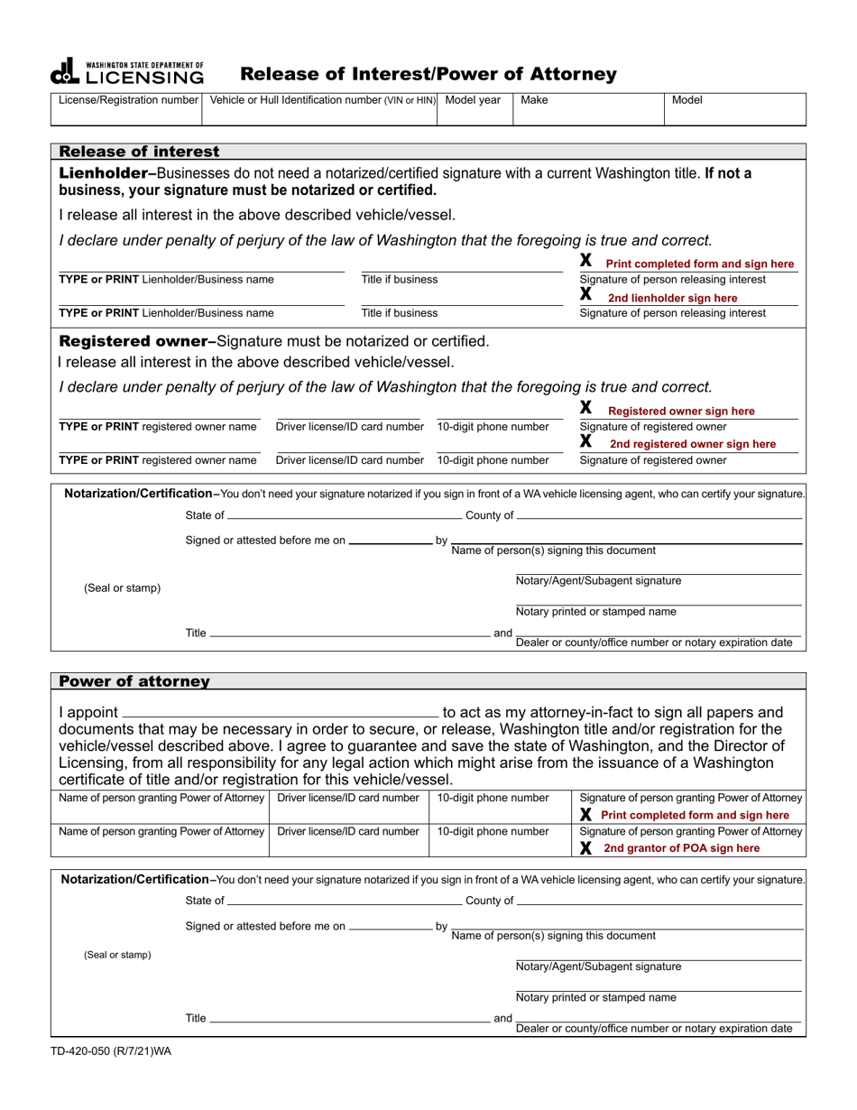 Form TD-420-050 Release of Interest / Power of Attorney - Washington, Page 1