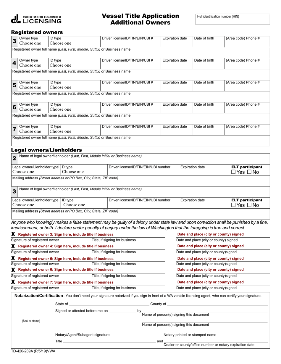 Form TD-420-289 Vessel Title Application - Additional Owners - Washington, Page 1