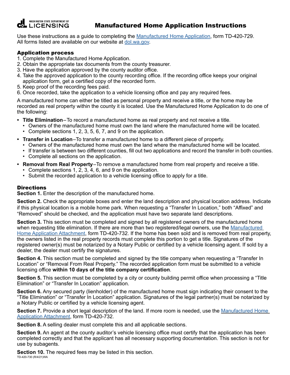 Instructions for Form TD-420-729 Manufactured Home Application - Washington, Page 1
