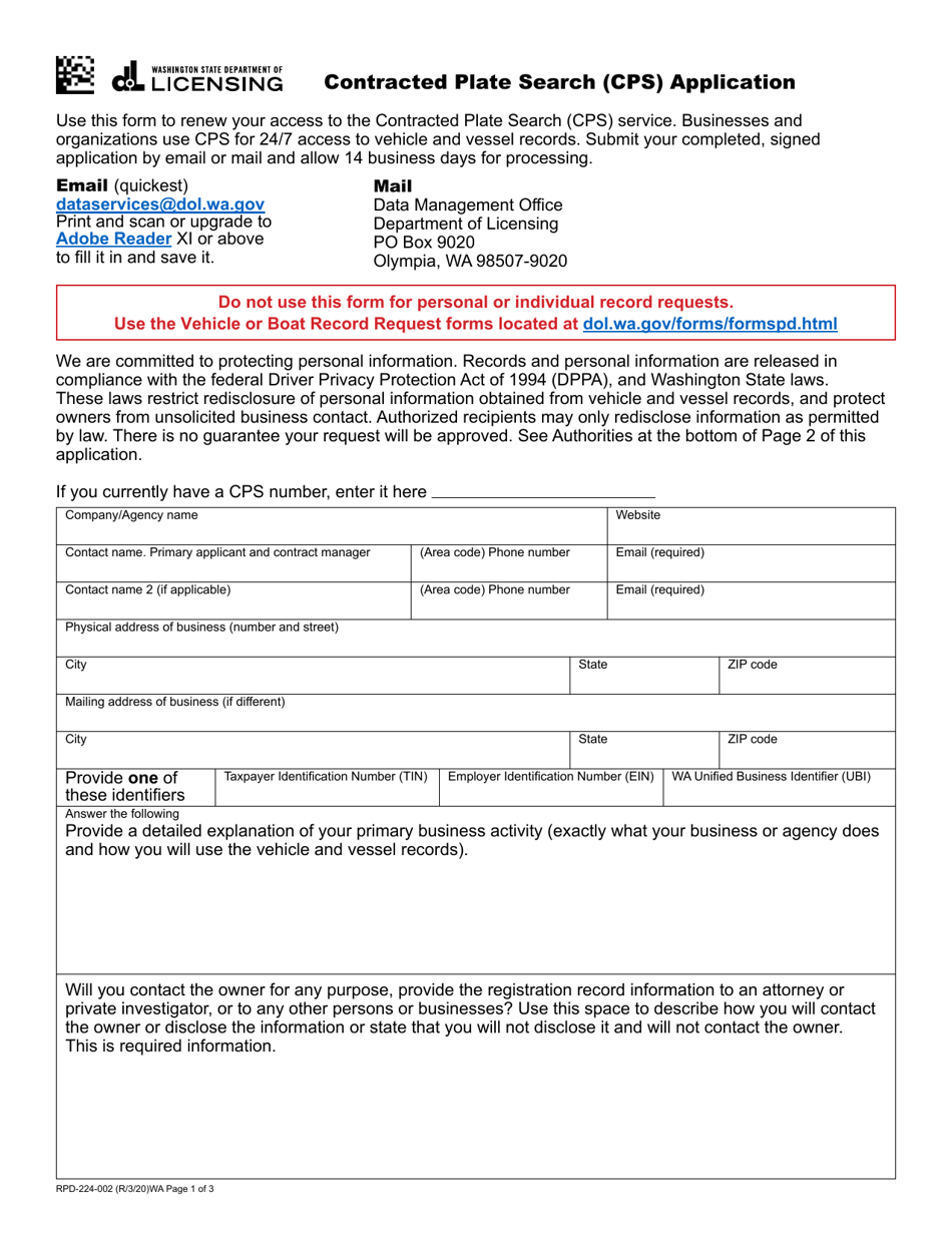 Form RPD-224-002 Contracted Plate Search (Cps) Application - Washington, Page 1