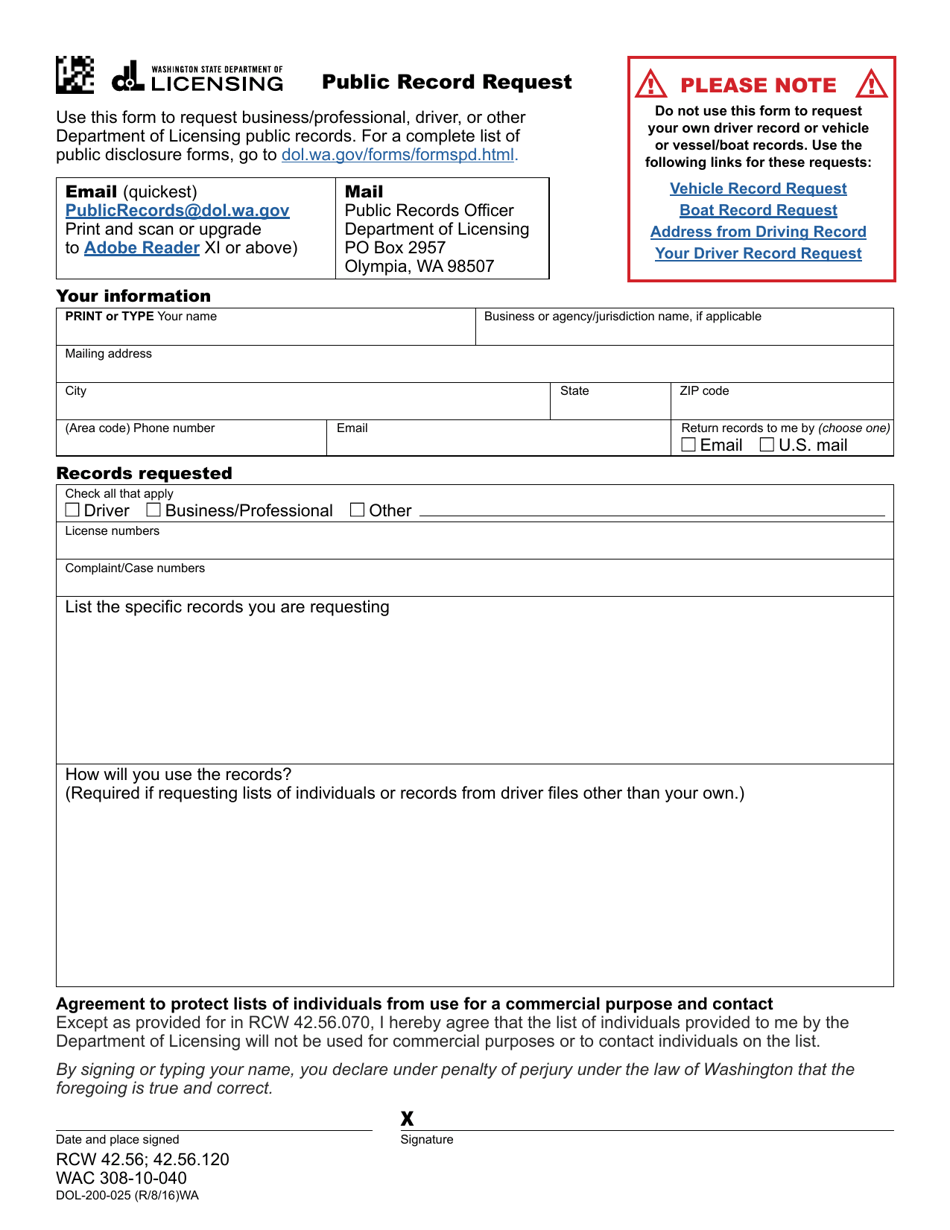 Form DOL-200-025 Public Record Request - Washington, Page 1