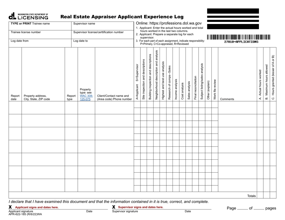 Form APR-622-185 Real Estate Appraiser Applicant Experience Log - Washington, Page 1