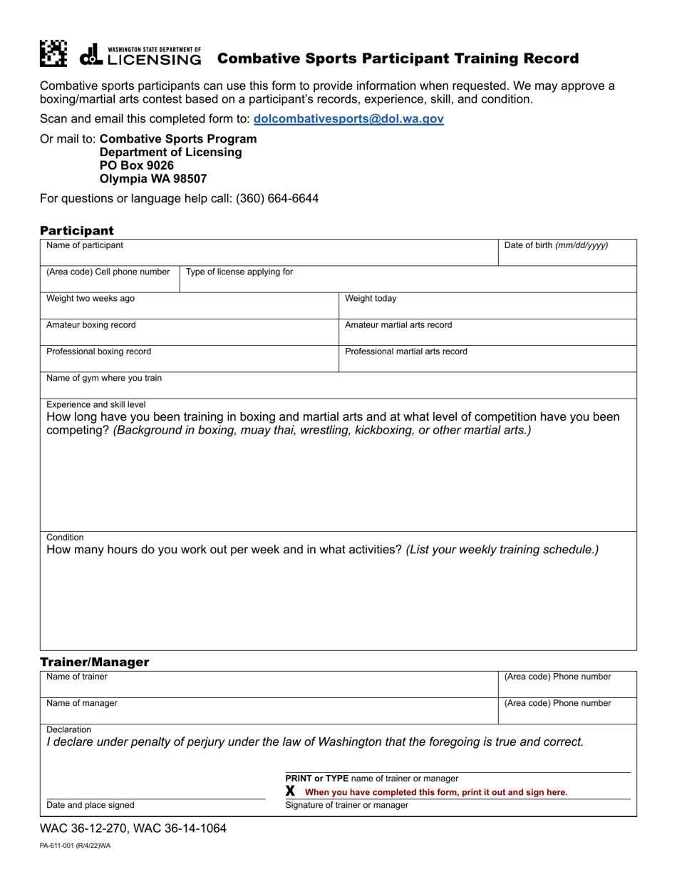 Form PA-611-001 Combative Sports Participant Training Record - Washington, Page 1