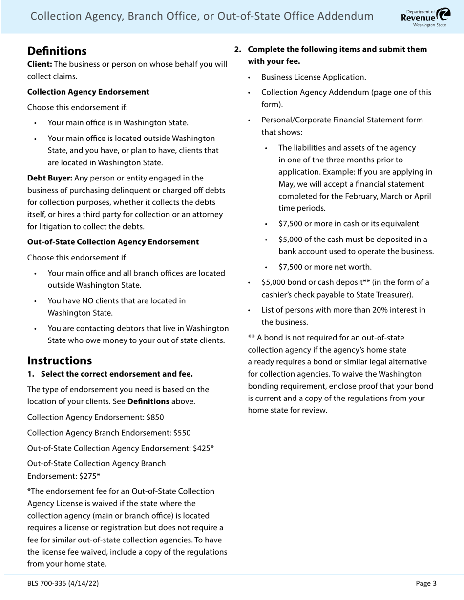 Form BLS700-335 Collection Agency, Branch Office, or Out-of-State Office Addendum - Washington, Page 3