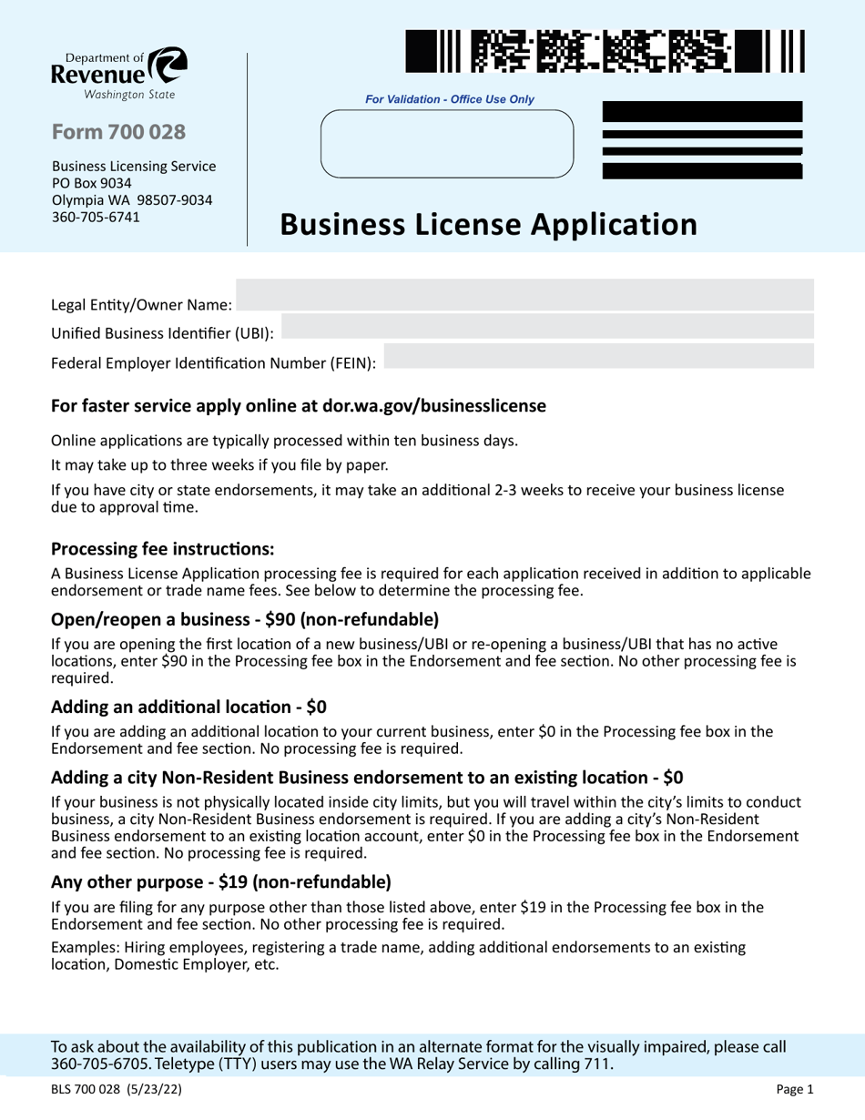 Form BLS700 028 Business License Application - Washington, Page 1