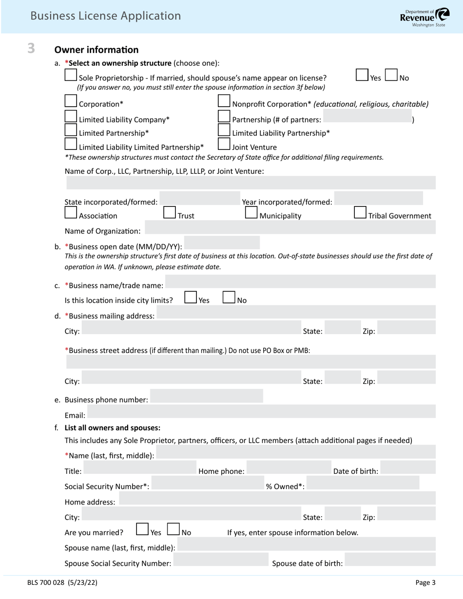 Form BLS700 028 Business License Application - Washington, Page 3