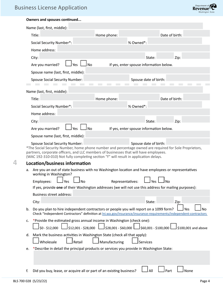 Form BLS700 028 Business License Application - Washington, Page 4