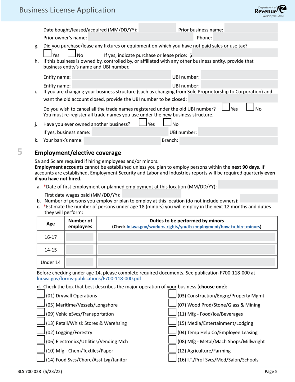 Form BLS700 028 Business License Application - Washington, Page 5
