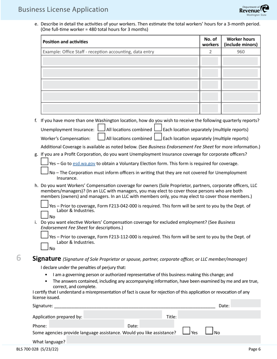 Form BLS700 028 Business License Application - Washington, Page 6
