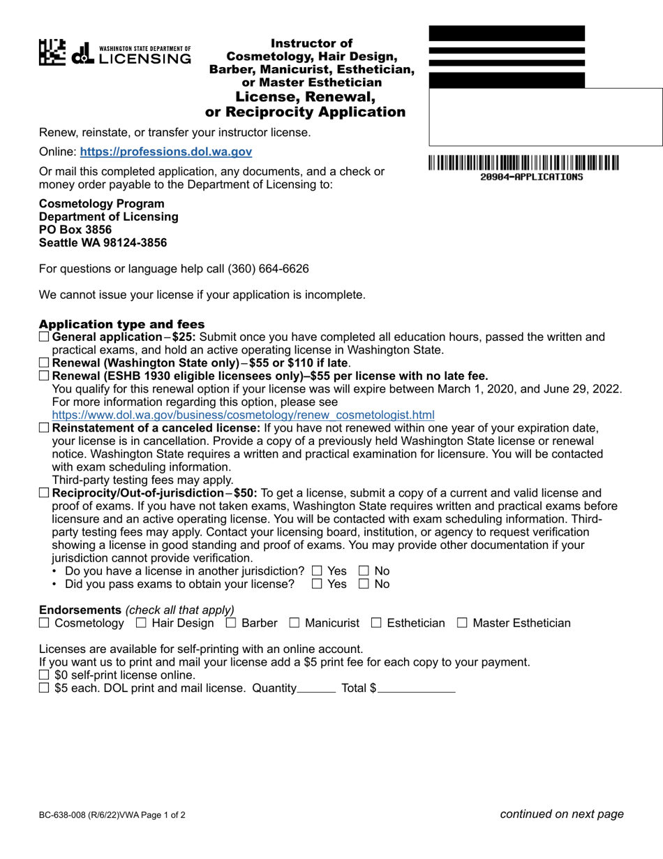 Form BC-638-008 Instructor of Cosmetology, Hair Design, Barber, Manicurist, Esthetician, or Master Esthetician License, Renewal, or Reciprocity Application - Washington, Page 1