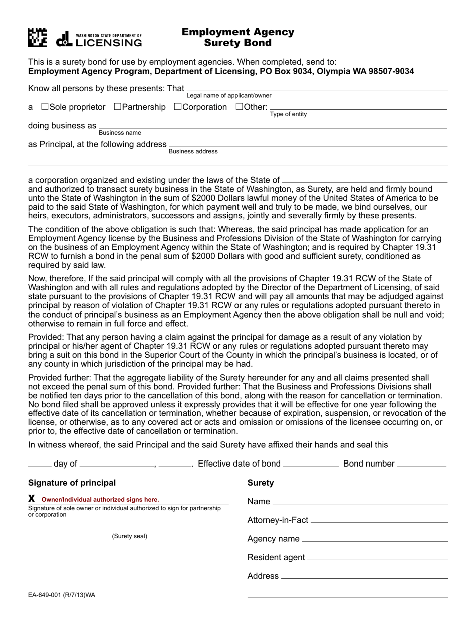 Form EA-649-001 Employment Agency Surety Bond - Washington, Page 1