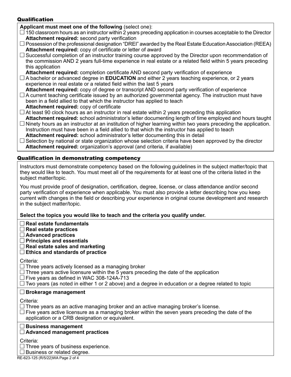 Form RE-623-125 Real Estate Instructor Approval Application - Washington, Page 2
