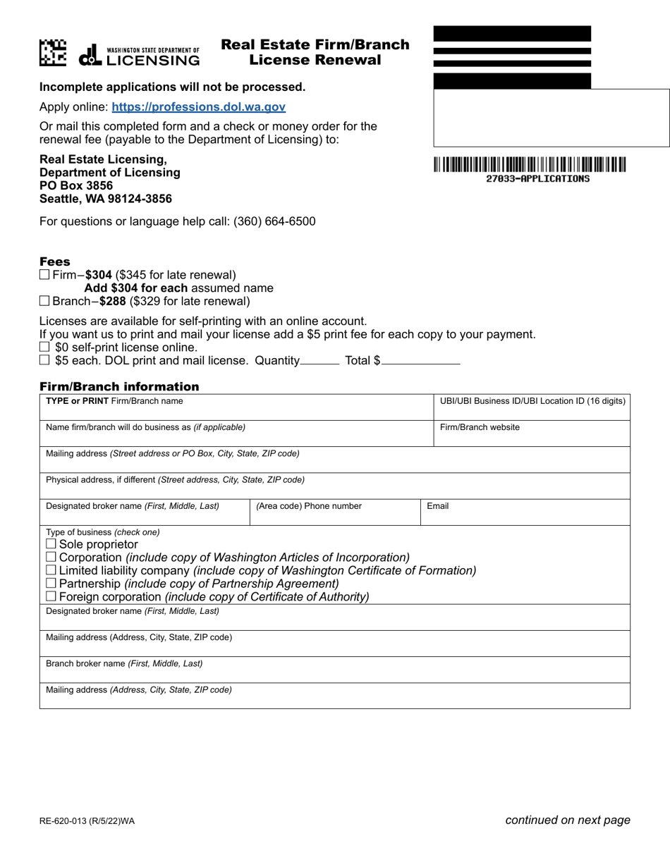 Form RE-620-013 Real Estate Firm / Branch License Renewal - Washington, Page 1
