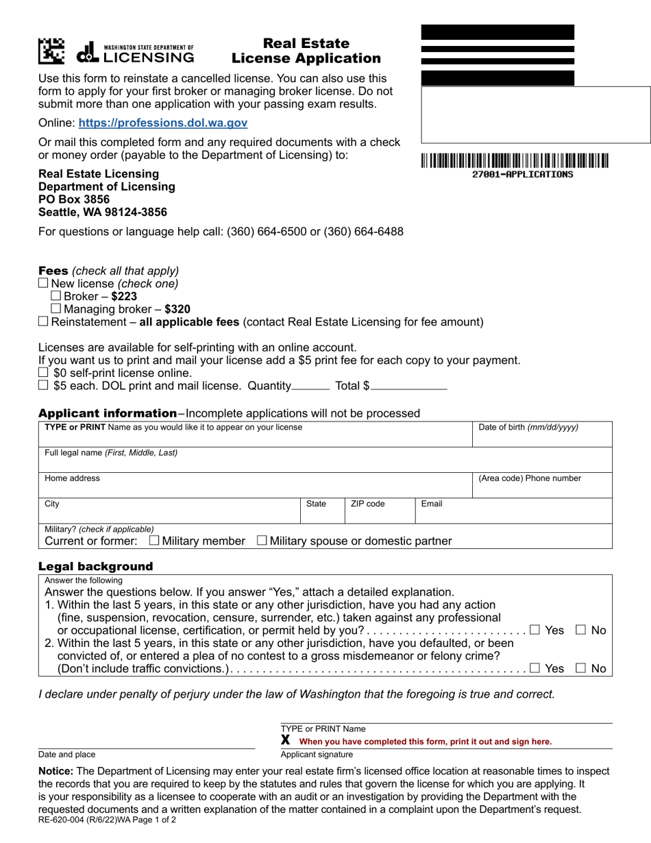 Form RE-620-004 Real Estate License Application - Washington, Page 1