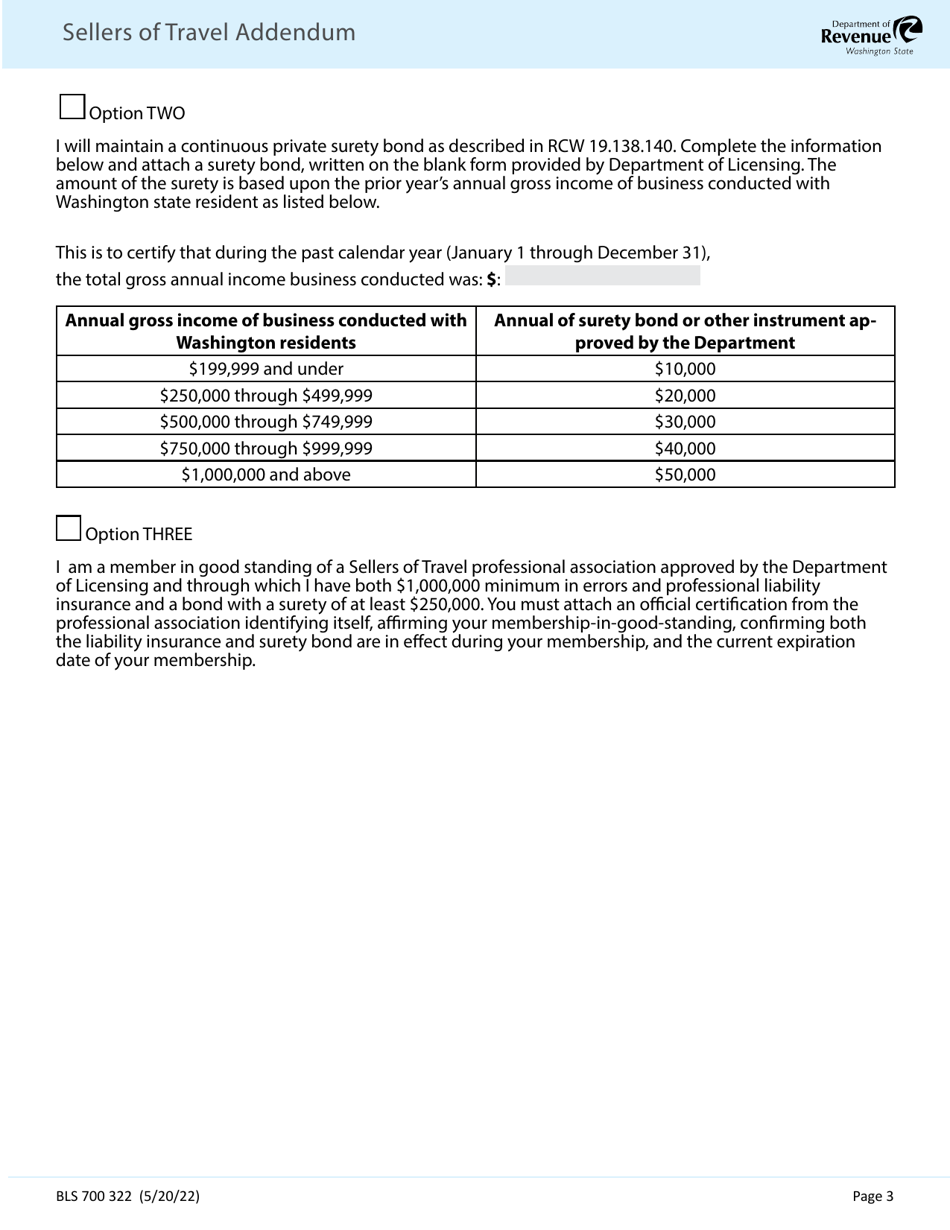 Form BLS700 322 Sellers of Travel Addendum - Washington, Page 3