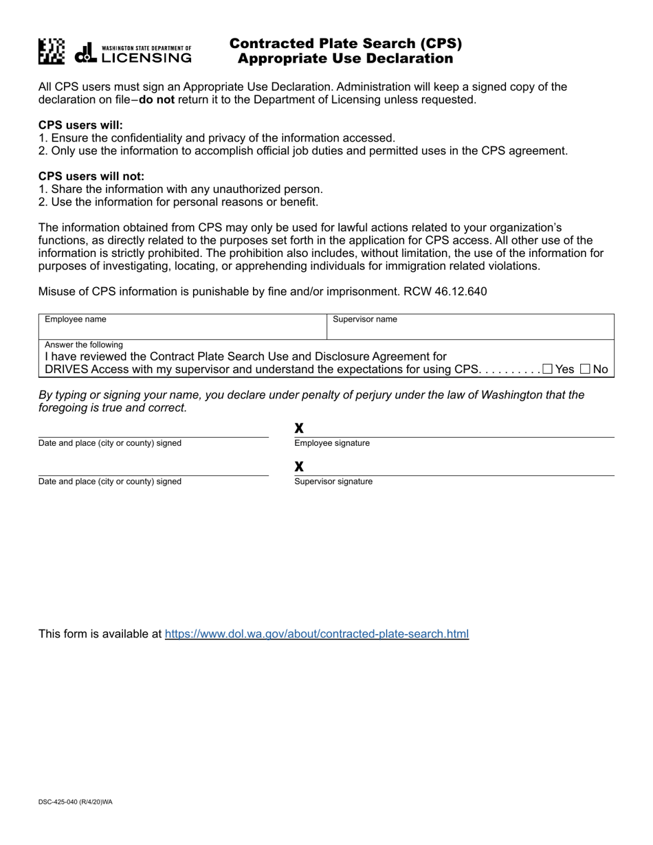 Form DSC-425-040 Contracted Plate Search (Cps) Appropriate Use Declaration - Washington, Page 1