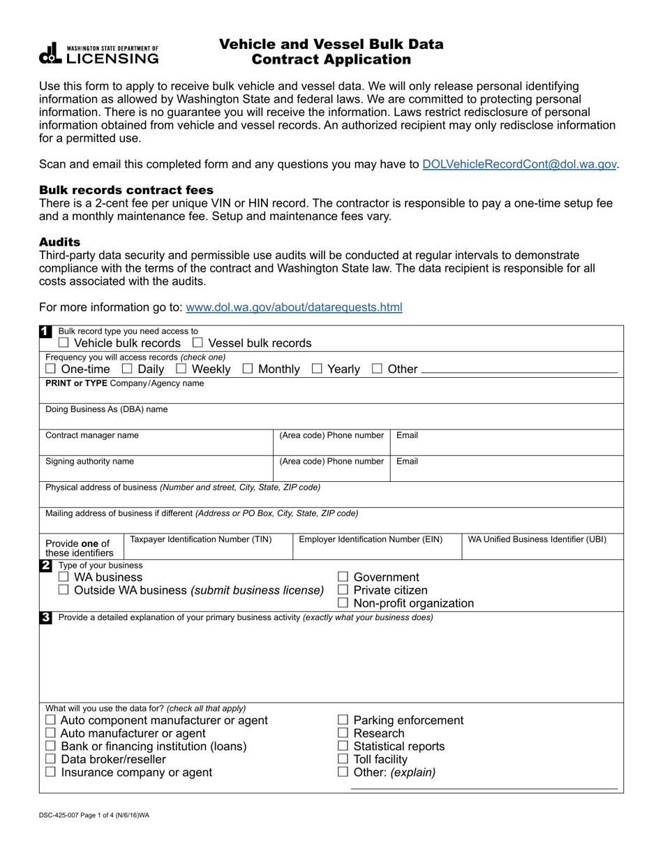 Form DSC-425-007 Vehicle and Vessel Bulk Data Contract Application - Washington, Page 1