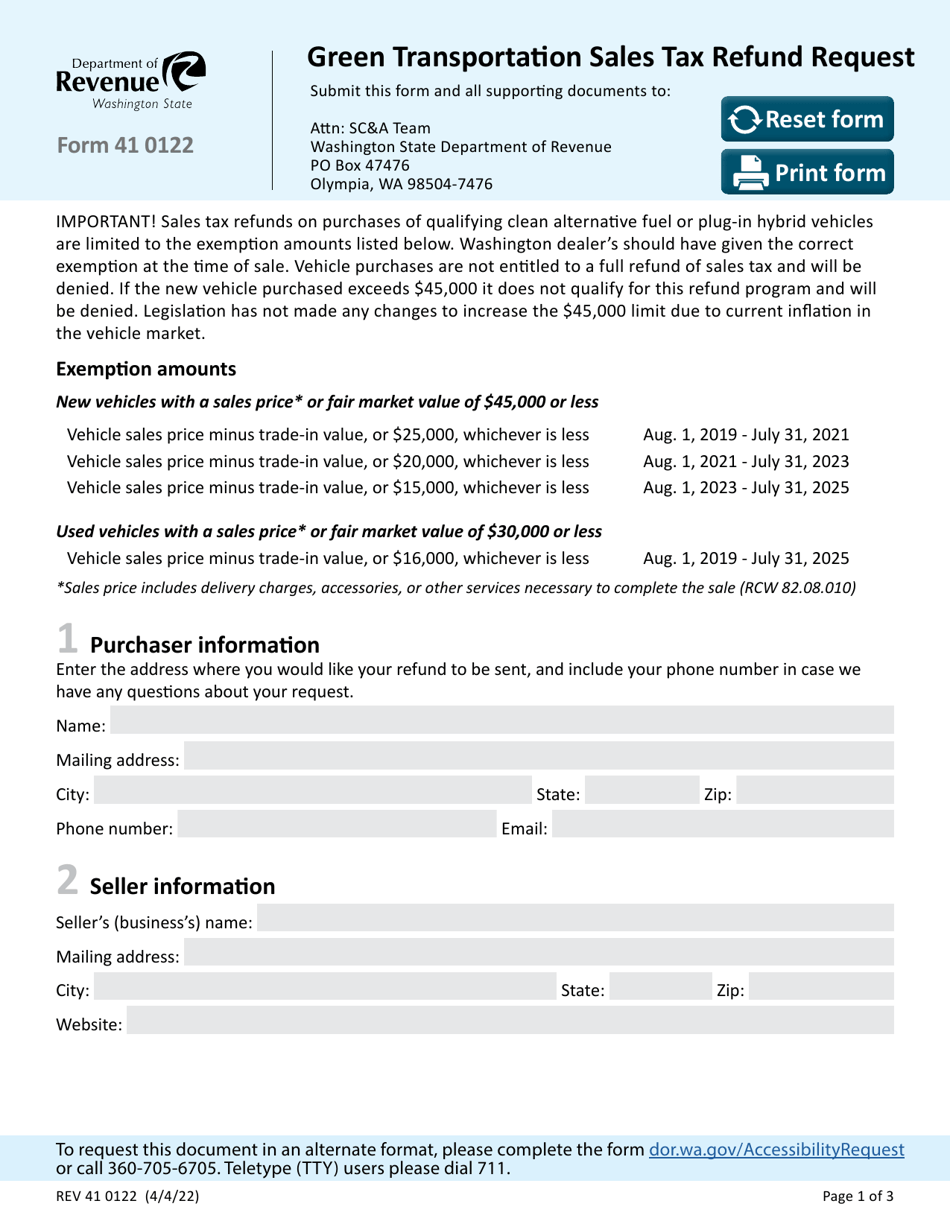 Form 41 0122 Green Transportation Sales Tax Refund Request - Washington, Page 1