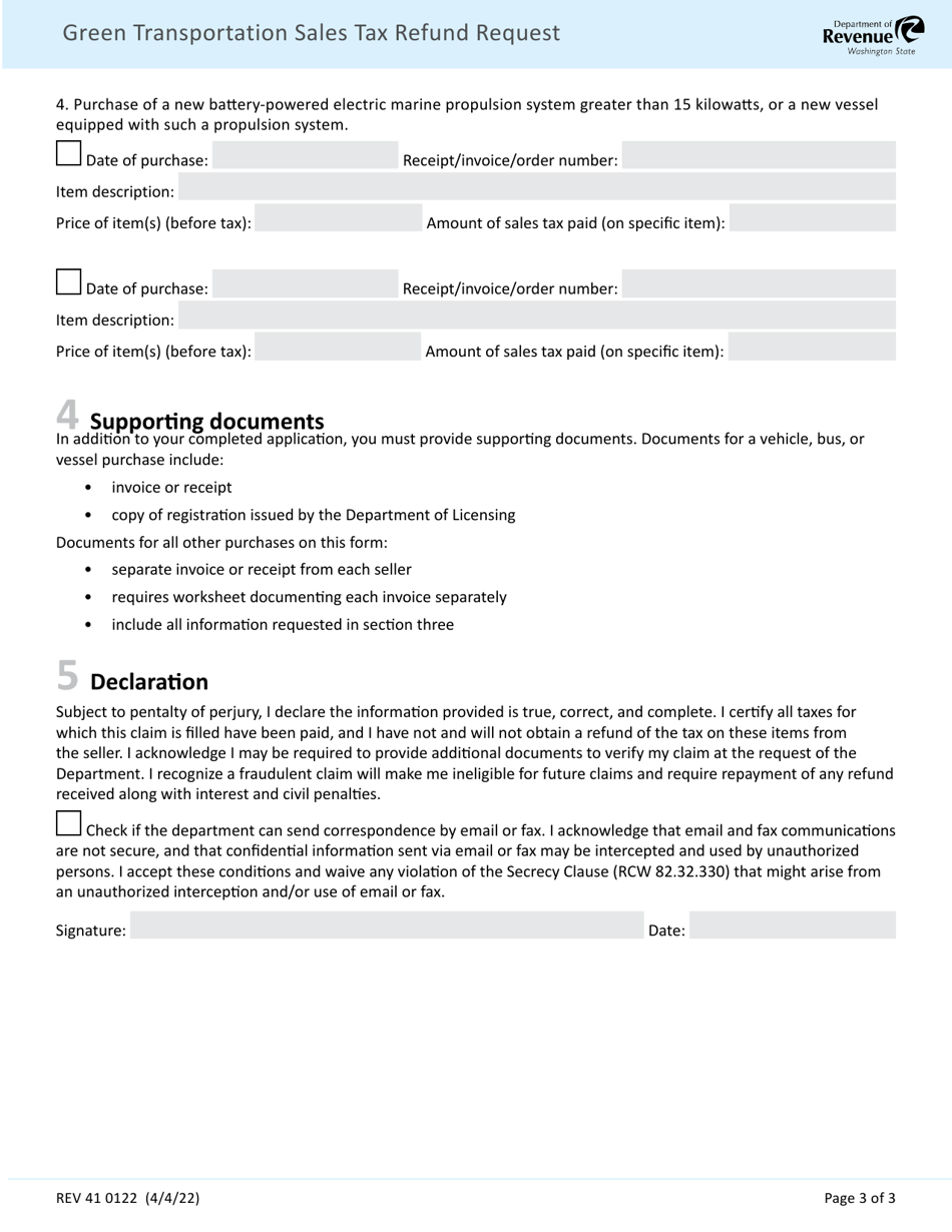 Form 41 0122 Green Transportation Sales Tax Refund Request - Washington, Page 3