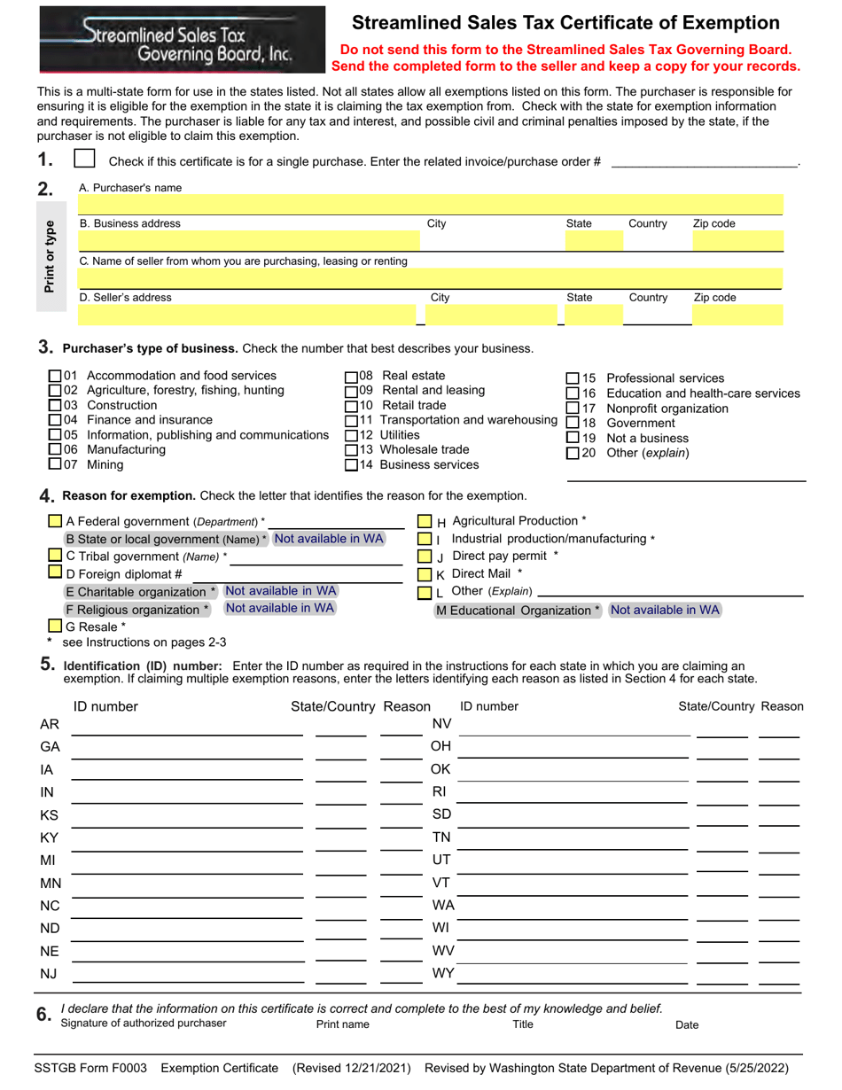 SSTGB Form F0003 Streamlined Sales Tax Certificate of Exemption - Washington, Page 1