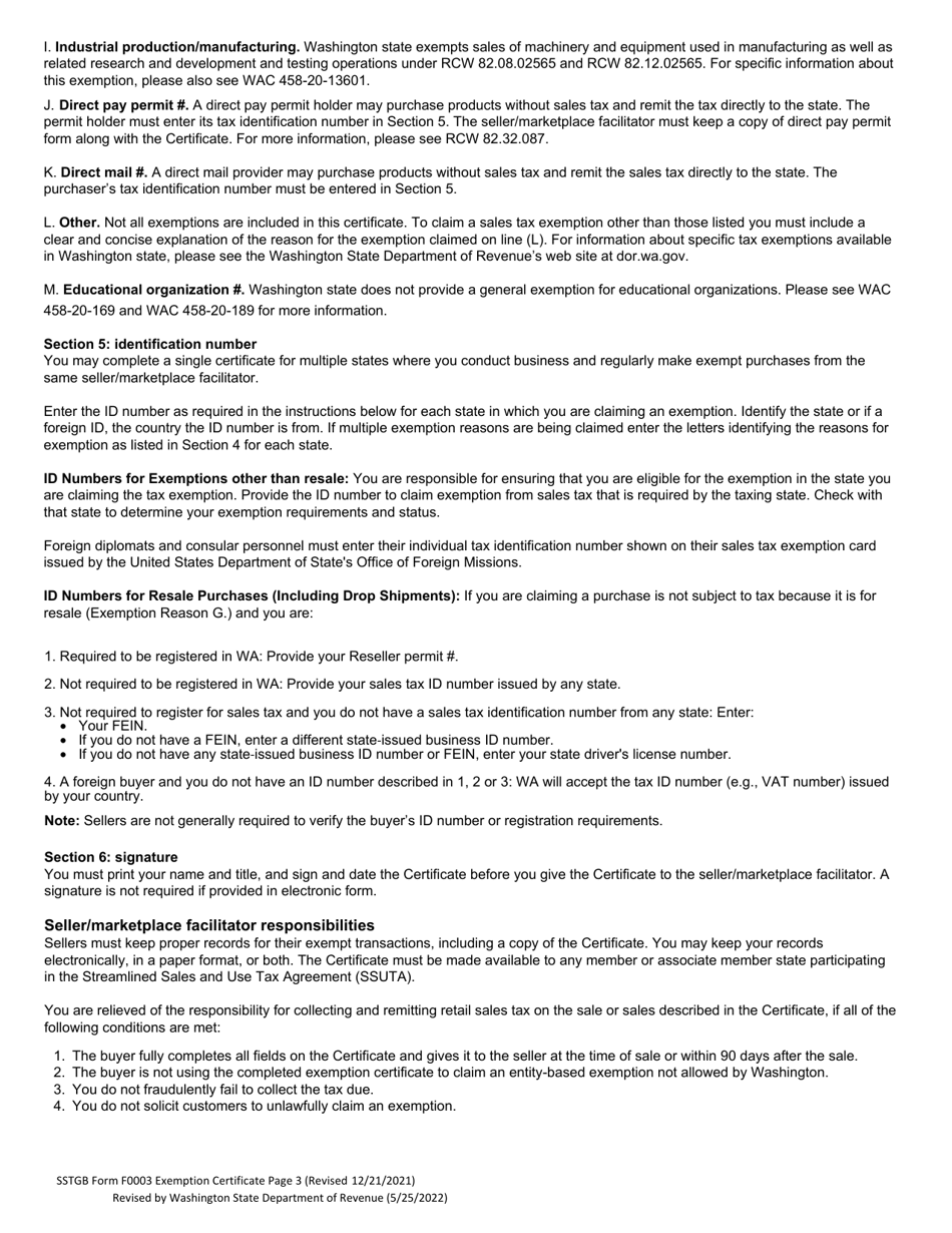 SSTGB Form F0003 Streamlined Sales Tax Certificate of Exemption - Washington, Page 3