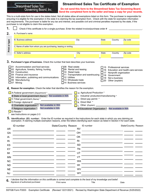 SSTGB Form F0003 Streamlined Sales Tax Certificate of Exemption - Washington