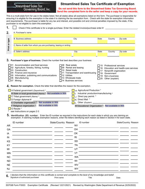 SSTGB Form F0003 Download Fillable PDF Or Fill Online Streamlined Sales 