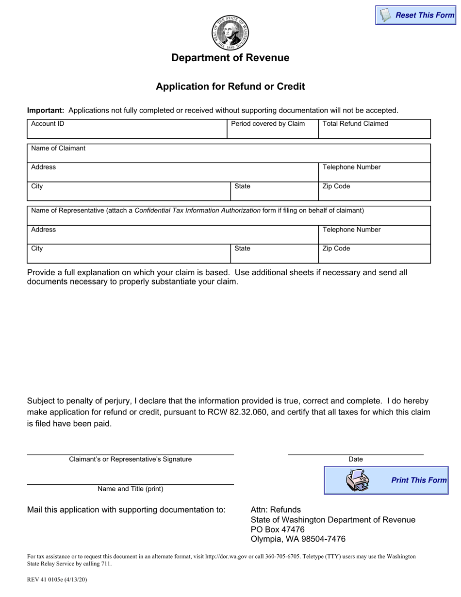 Form REV41 0105E Application for Refund or Credit - Washington, Page 1