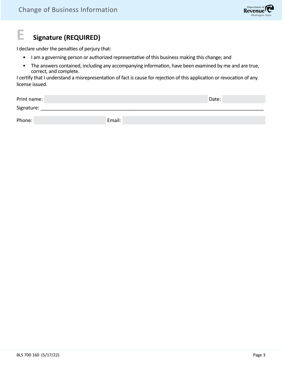 Form BLS700 160 Business Information Change Form - Washington, Page 3