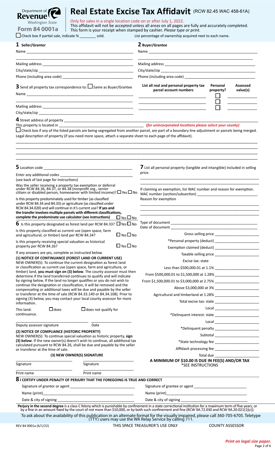 Form REV84 0001A Real Estate Excise Tax Affidavit - Washington, Page 2