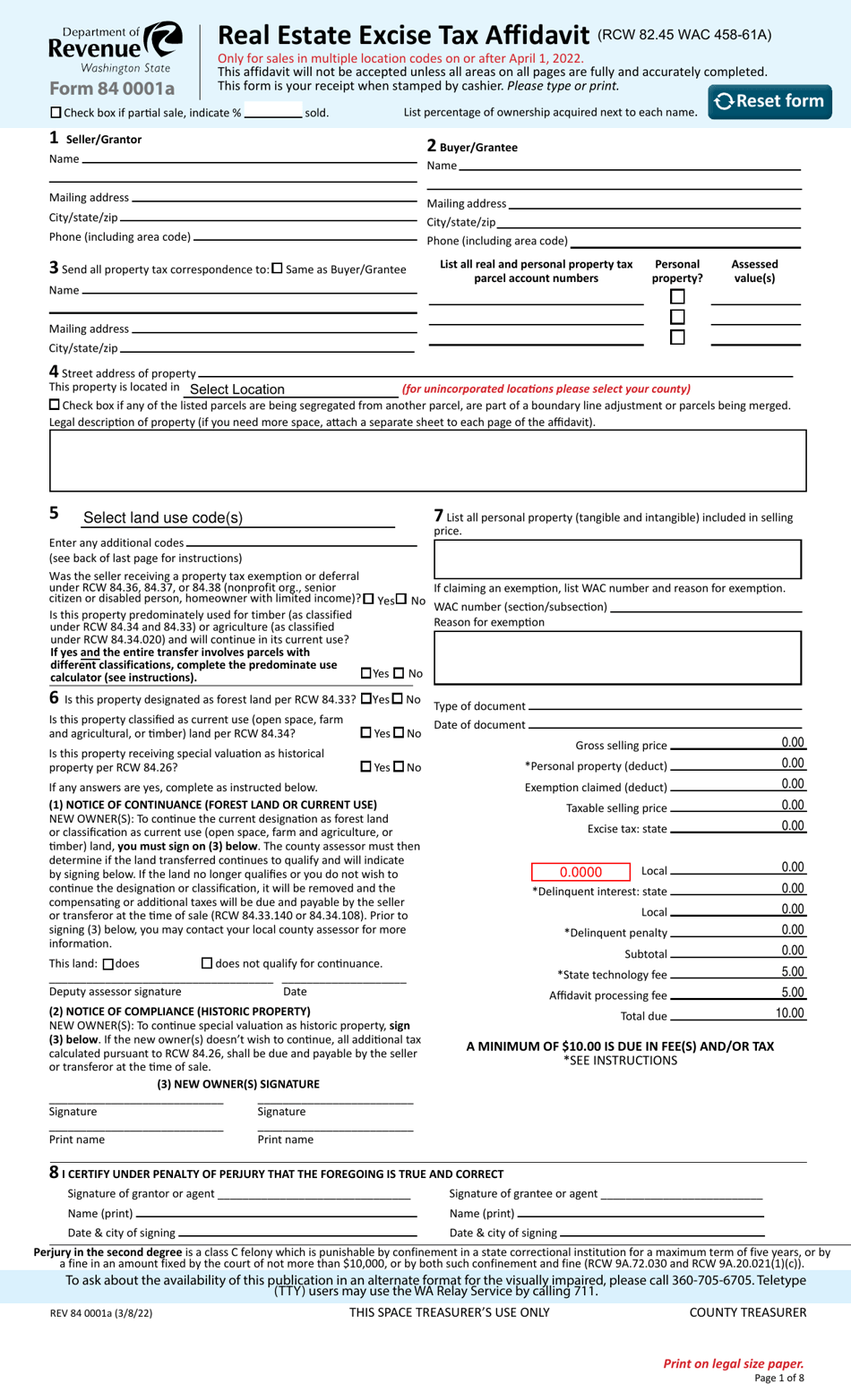 Form REV84 0001A Real Estate Excise Tax Affidavit - Washington, Page 1