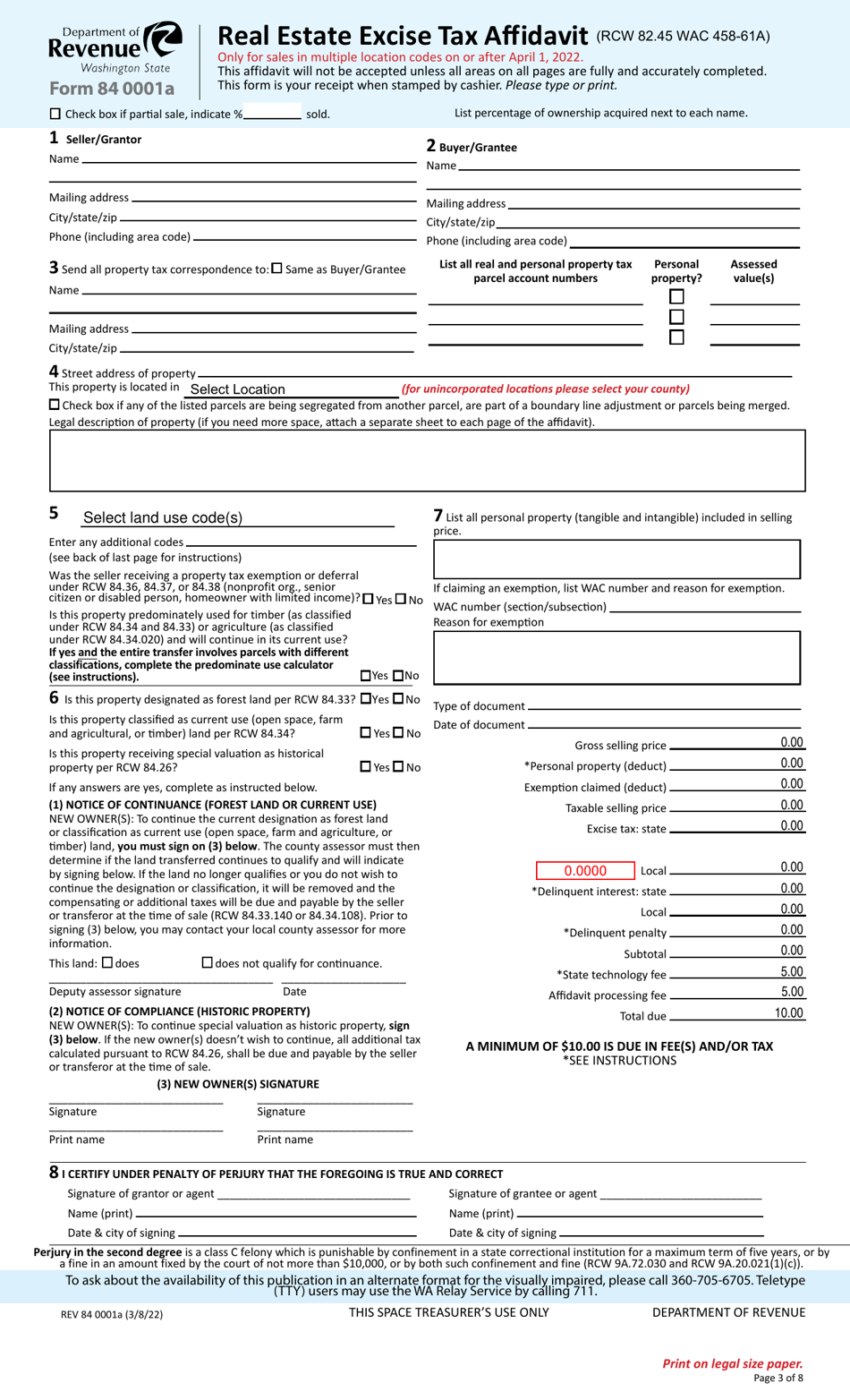 Form REV84 0001A Real Estate Excise Tax Affidavit - Washington, Page 3