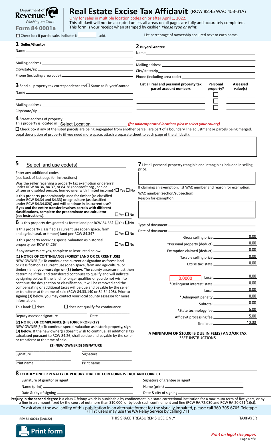 Form REV84 0001A Real Estate Excise Tax Affidavit - Washington, Page 4