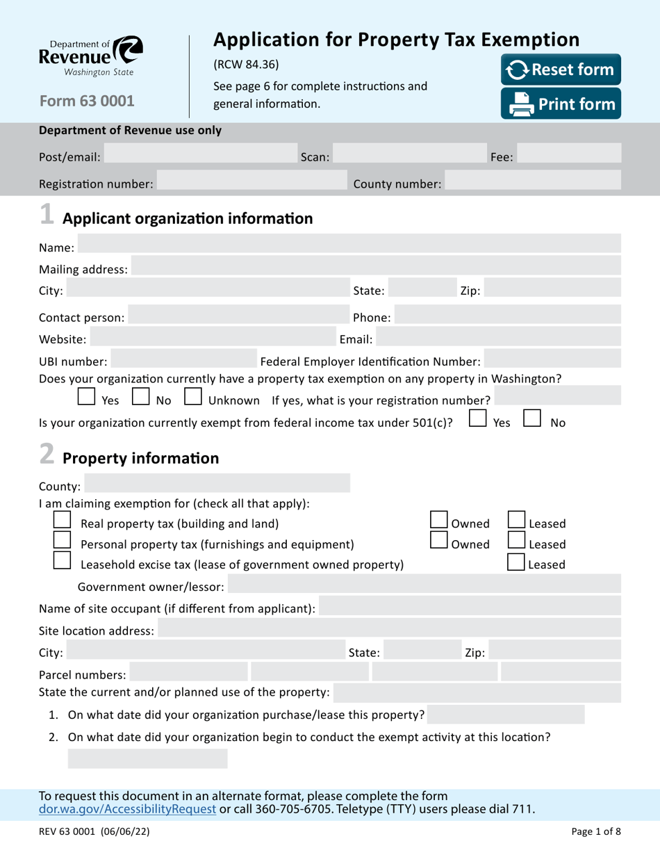 Form 63 0001 Application for Property Tax Exemption - Washington, Page 1