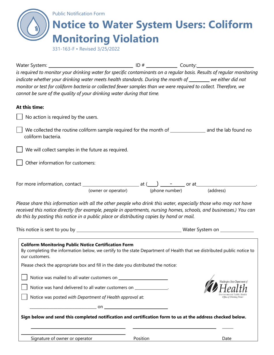 DOH Form 331-163 Notice to Water System Users: Coliform Monitoring Violation - Washington, Page 1