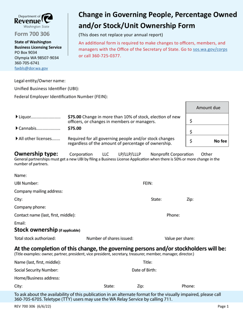 Form REV700 306 Change in Governing People, Percentage Owned and/or Stock/Unit Ownership Form - Washington