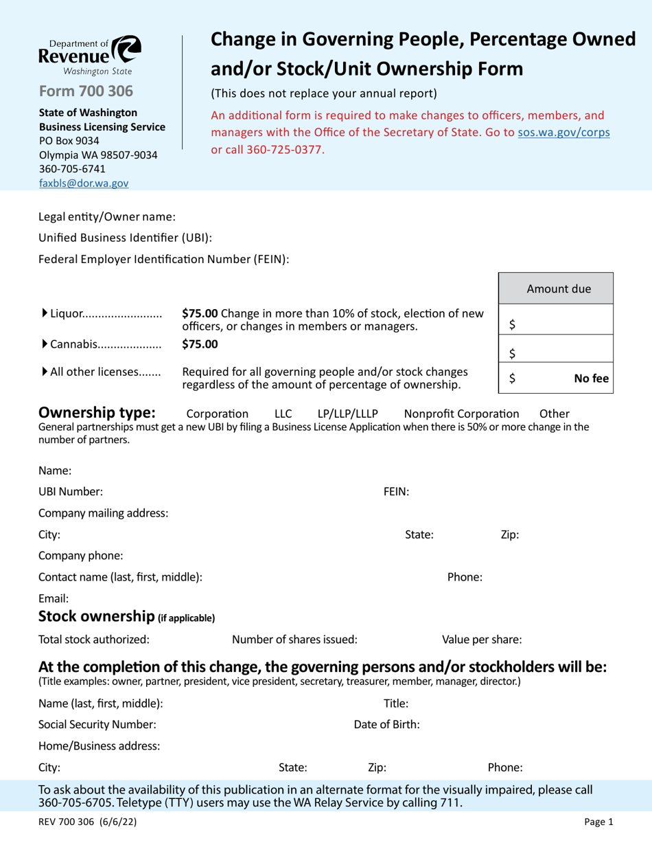 Form REV700 306 Change in Governing People, Percentage Owned and / or Stock / Unit Ownership Form - Washington, Page 1
