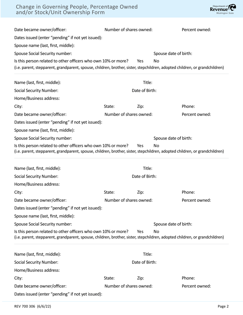 Form REV700 306 Change in Governing People, Percentage Owned and / or Stock / Unit Ownership Form - Washington, Page 2