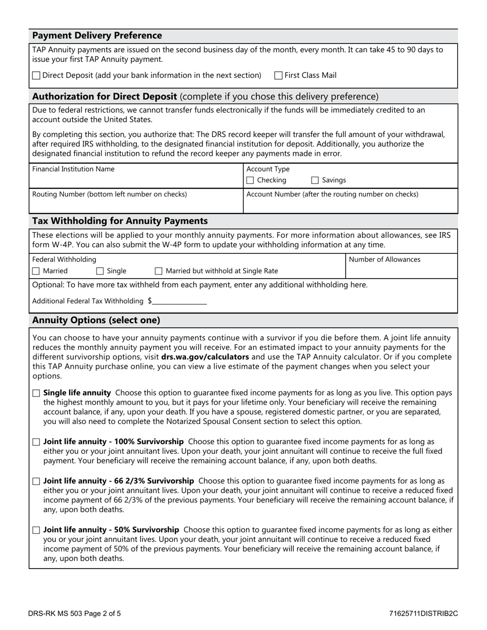 Form DRS-RK MS503 Plan 3 Tap Annuity Purchase - Washington, Page 2