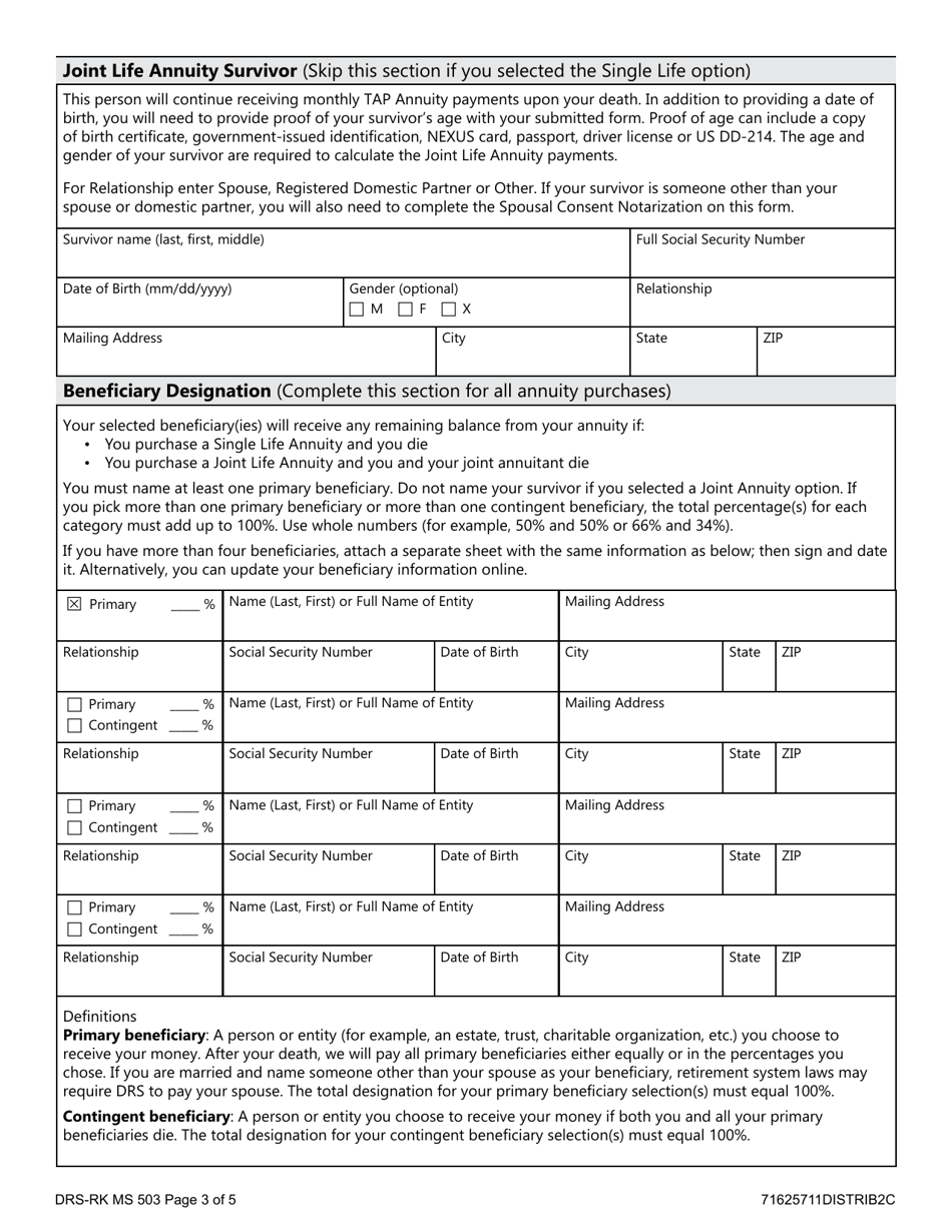 Form DRS-RK MS503 Plan 3 Tap Annuity Purchase - Washington, Page 3