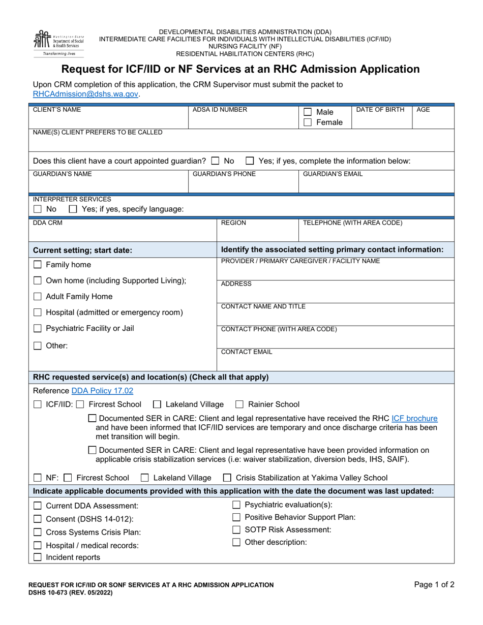 DSHS Form 10-673 Request for Icf / Iid or Nf Services at an Rhc Admission Application - Washington, Page 1