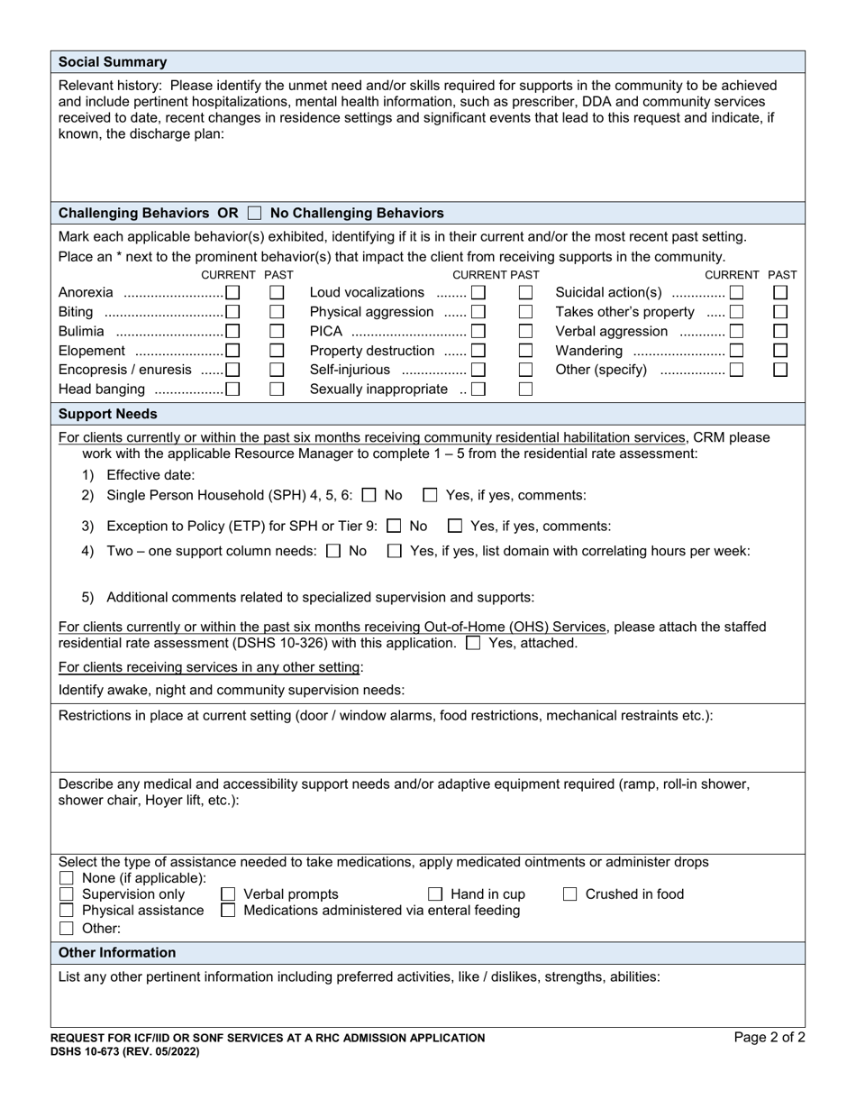 DSHS Form 10-673 Request for Icf / Iid or Nf Services at an Rhc Admission Application - Washington, Page 2