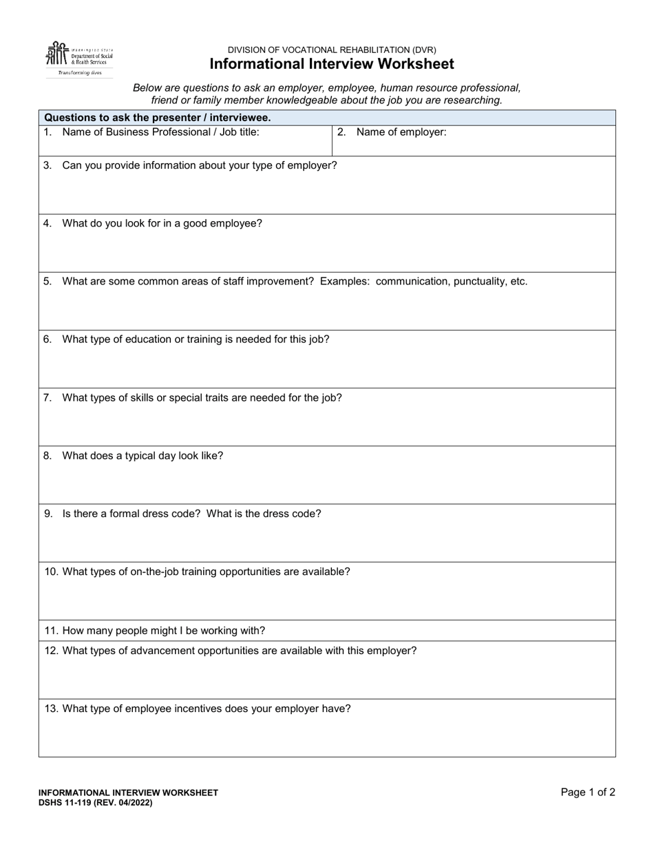 DSHS Form 11-119 Informational Interview Worksheet - Washington, Page 1
