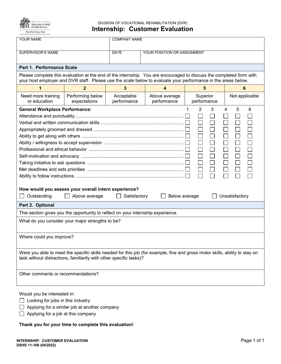 DSHS Form 11-168 Internship: Customer Evaluation - Washington, Page 1