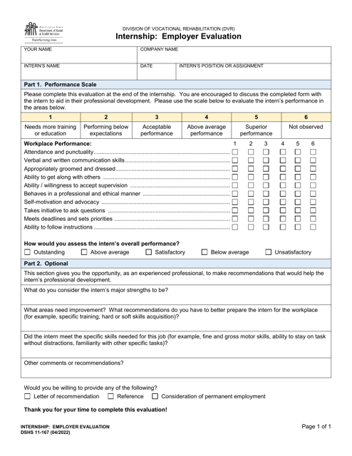 DSHS Form 11-167 Internship: Employer Evaluation - Washington