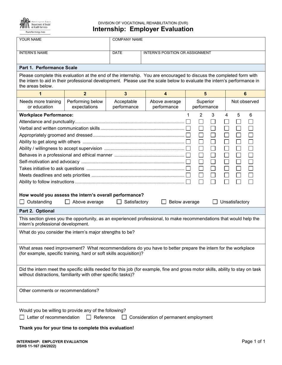 DSHS Form 11-167 Internship: Employer Evaluation - Washington, Page 1