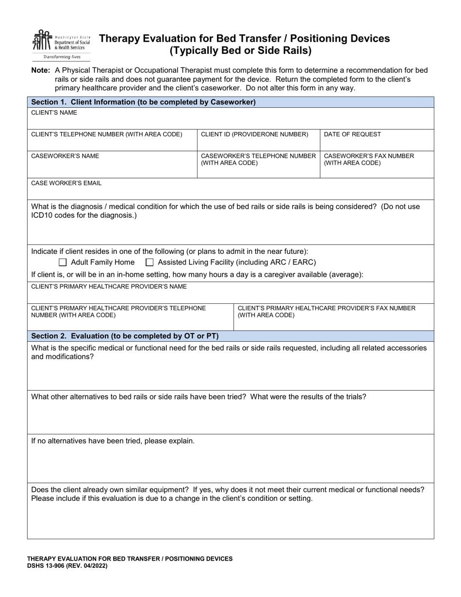 DSHS Form 13-906 Therapy Evaluation for Bed Transfer / Positioning Devices (Typically Bed or Side Rails) - Washington, Page 1
