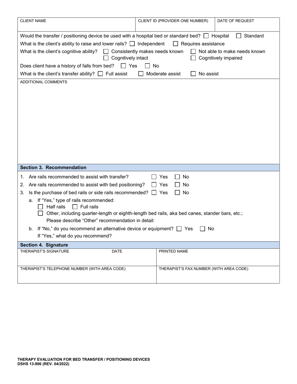 DSHS Form 13-906 Therapy Evaluation for Bed Transfer / Positioning Devices (Typically Bed or Side Rails) - Washington, Page 2